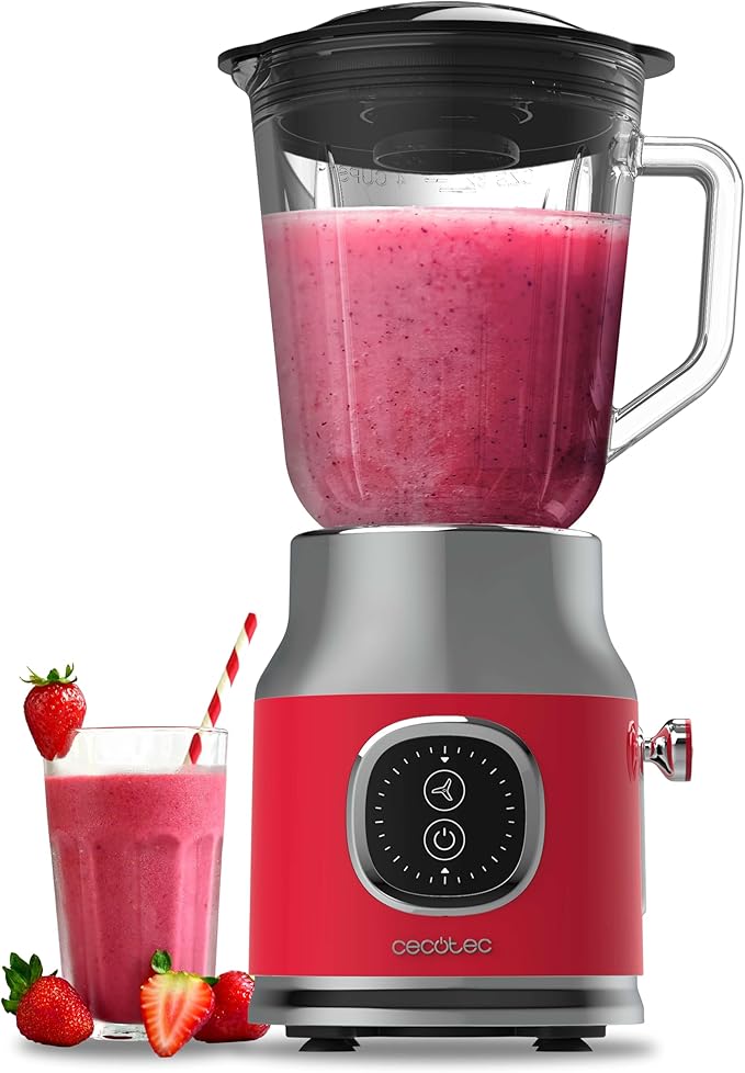 Cecotec Batidora de Vaso Retro RetroTwist Red. 800W de Potencia Máxima, Función Pulse, Cuchilla de 4 Hojas con Recubrimiento de Titanio Negro y Jarra con 1L, Diseño Vintaje en Rojo