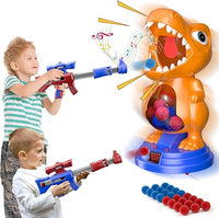 Fygurso Juguete de tiro con dinosaurio móvil con 2 pistolas de aire comprimido, juegos de tiro al blanco con puntuación LED, luz y sonido, 24 bolas de espuma para de 3+ años regalo para niño (naranja)