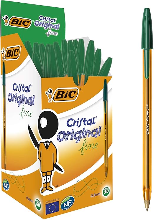 BIC Cristal Original Stylos-Bille Pointe Fine (0,8 mm) - Écriture Fine et Précise - Vert, Boîte de 50