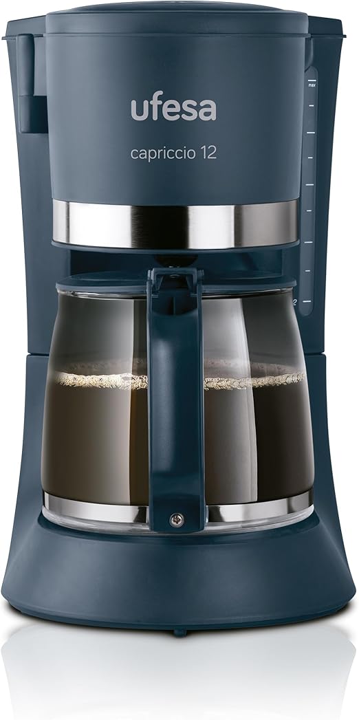Ufesa Capriccio Cafetera de Goteo 12, Jarra 1.2L, 12 Tazas, 680W, Filtro Permanente, Placa Calefactora Antiadherente, Sistema Antigoteo, Auto Apagado, Azul/Verdoso
