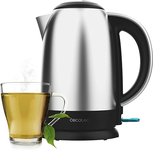Cecotec Hervidor de Agua Eléctrico de 1,7L Thermosense 200 Steel. 2200W, Cuerpo de Acero Inoxidable, Base con Giro de 360º, Asa Ergonómica Tacto Frío, Indicador Luminoso, Doble Sistema de Protección