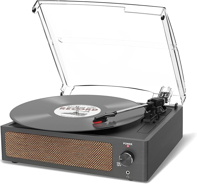 Reproductor de discos de vinilo con altavoz clásico para discos de vinilo, tocadiscos accionados por correa, soporte de 3 velocidades, reproducción inalámbrica, auriculares, retro, negro