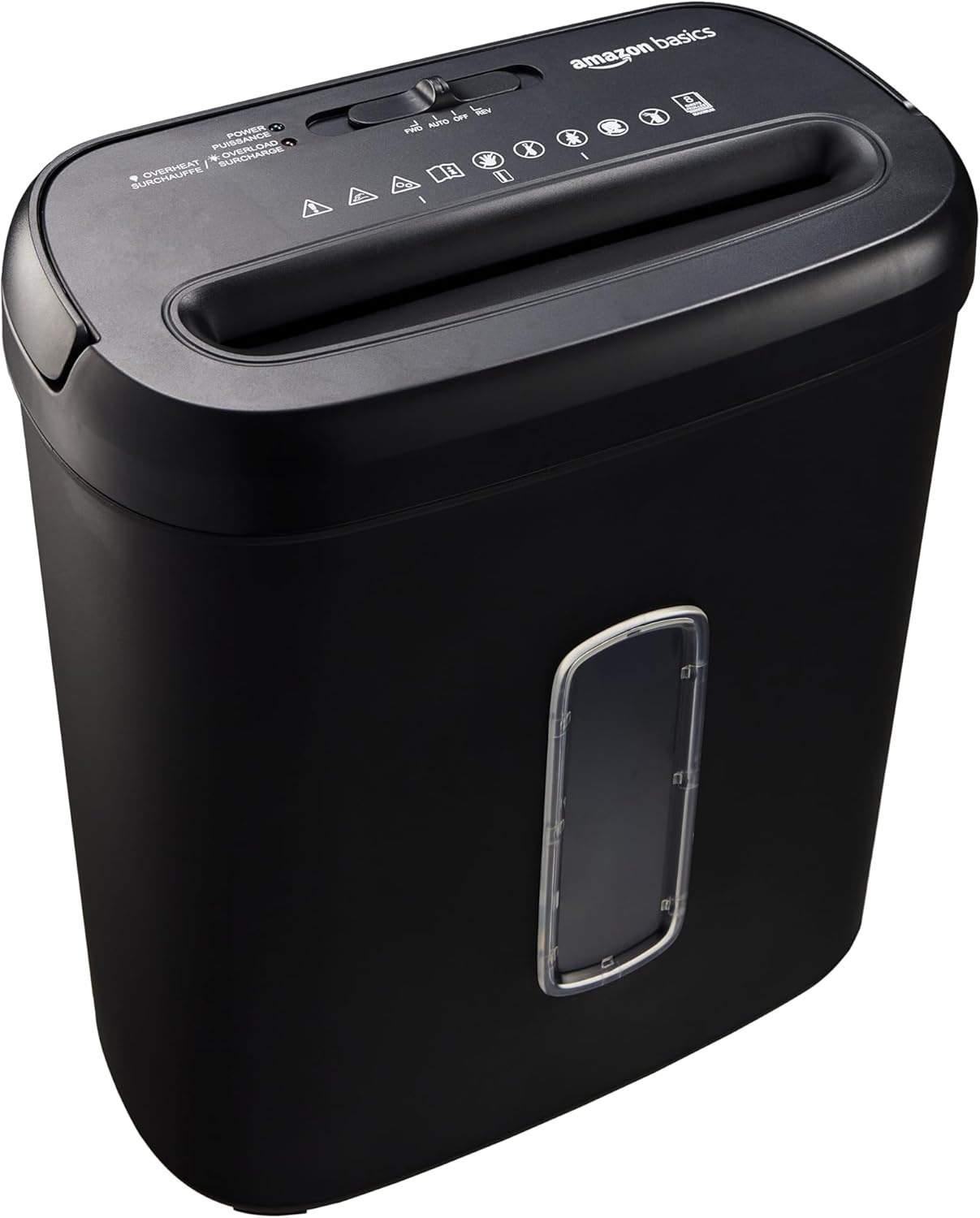 Amazon Basics Destructeur de Documents à Coupe Croisée, 8 feuilles, avec fenêtre transparente, pour documents et cartes bancaires, corbeille de 14L, Noir
