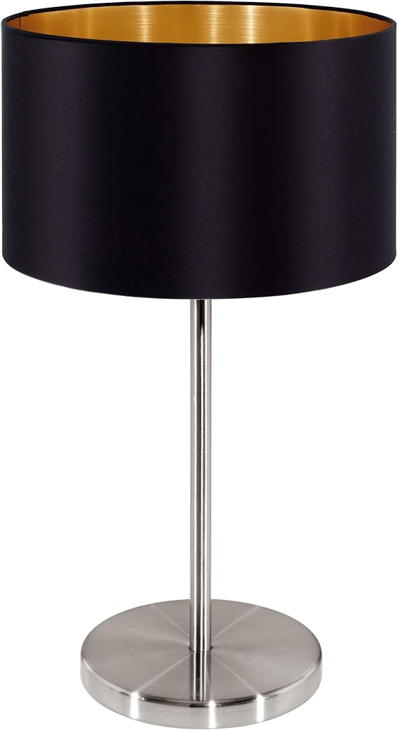 Eglo Lámpara de mesa Maserlo, lámpara de escritorio textil de 1 foco, luz de mesita de noche de acero y tela, color níquel mate, negro, dorado, portalámparas E27, incl interruptor