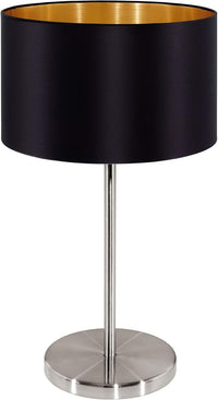 Eglo Lámpara de mesa Maserlo, lámpara de escritorio textil de 1 foco, luz de mesita de noche de acero y tela, color níquel mate, negro, dorado, portalámparas E27, incl interruptor