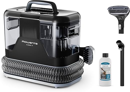 Rowenta Clean It, Aspirador de tapicerías multiuso, Gran depósito extraíble de 1,8 L de agua limpia y 1,5 L de agua residual, Diseño compacto, 12,5 kPa, 400 W, Autolimpieza, Blanco y Negro, IN5010