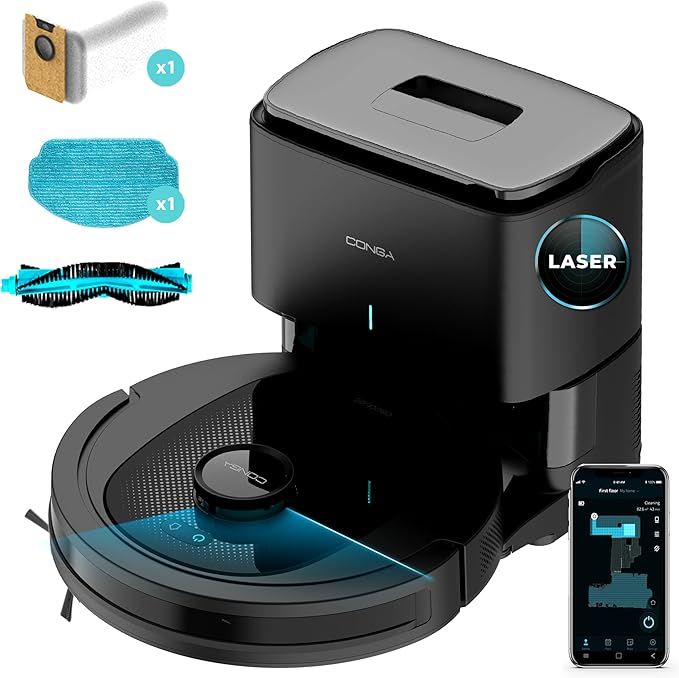 Cecotec Robot Aspirador Conga 7490 Ultimate Home X-Treme, 2600 Pa, 120 min autonomía, navegación láser y Base de autovaciado, Limpieza 4 en 1, Cepillo Central multifunción, App