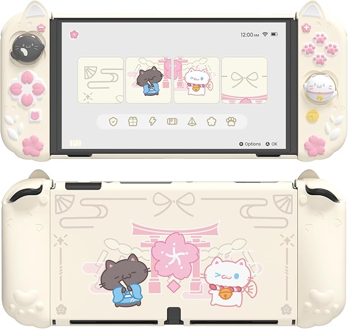 PlayVital Funda para Nintendo Switch OLED con Soporte Extra - Carcasa Rígida Dockable & Empuñaduras de Silicona, Protector con Tapas para Joysticks - Diseño Gatito Lindo (Amarillo Antiguo)