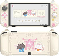 PlayVital Funda para Nintendo Switch OLED con Soporte Extra - Carcasa Rígida Dockable & Empuñaduras de Silicona, Protector con Tapas para Joysticks - Diseño Gatito Lindo (Amarillo Antiguo)