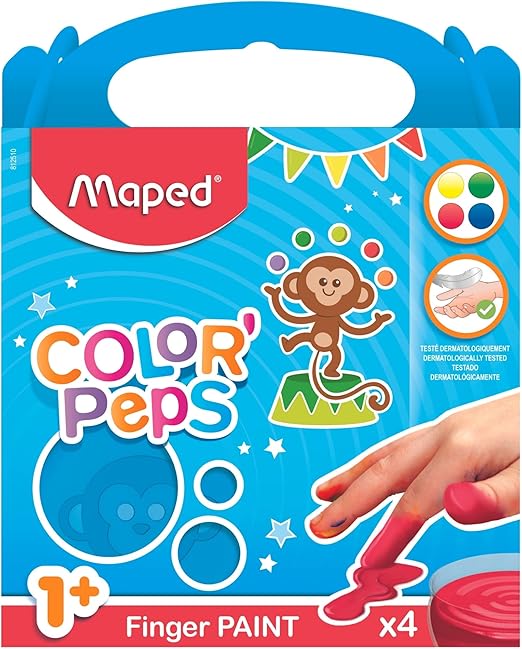 Pintura a Dedos para Niños Maped Color’Peps, Set de 4 Colores Lavables No Tóxicos, Pintura Acrílica Segura para Bebés +1 Año, Fácil de Limpiar y Listo para Usar