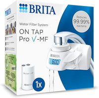 BRITA Sistema de filtrado de agua ON TAP Pro V-MF incl. 1x cartucho filtrante (600L) - para un 99,99% de agua libre de bacterias, reduciendo PFAS, incl. cuenta atrás digital LCD de capacidad