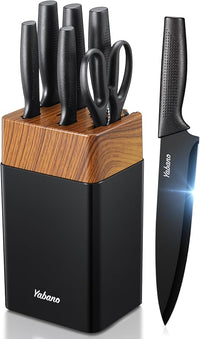 Yabano Juego de Cuchillos de Cocina 7 Piezas con Bloque y Afilador Integrado, Lamas de Acero Inoxidable Ultra Afiladas, Bloque de Plástico Resistente (Negro)