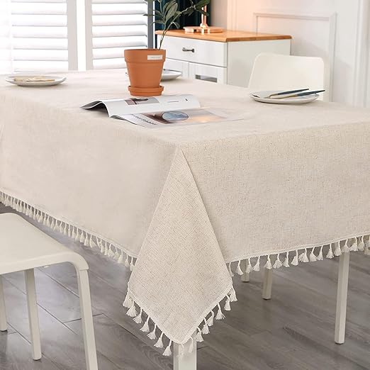 SUCHDECO Grande Mantel Mesa Rectangular Beige Manteles Antimanchas Lavable de Algodón y Lino con Borla para Cumpleaños, Boda, Decoracion Mesa Comedor, 140 x 300 cm