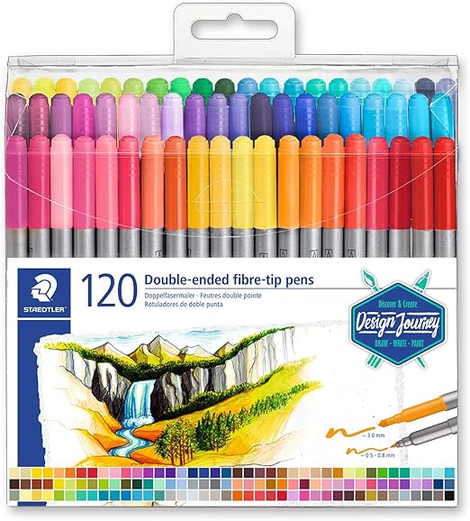 Staedtler Design Journey 3200 TB120. Rotuladores para lettering de doble punta. Caja con 120 marcadores de colores variados.