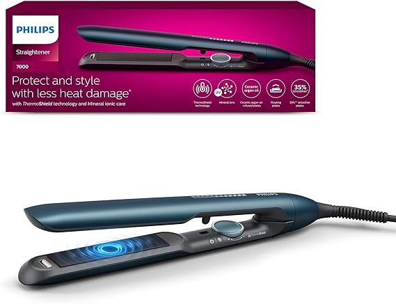 Philips Plancha de pelo serie 7000 con tecnología ThermoShield, Iones, Placas de 105mm de Largo Flotantes con Aceite de Argan, 50% más rapida, BHS732/00, Azul