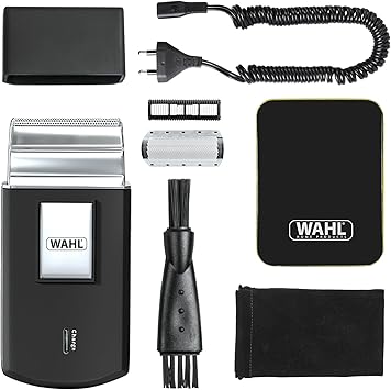 Wahl Afeitadora de viaje: afeitadora eléctrica inalámbrica y recargable para hombre, ideal para viajar, para cortar el pelo y la barba, compacta y portátil, Plata