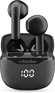 cellularline Core Auriculares Bluetooth True Inalámbrico con Funda de Carga, Pantalla LED, 16 Horas de Reproducción, Controles Táctiles, Double Master, Autopairing, Negro