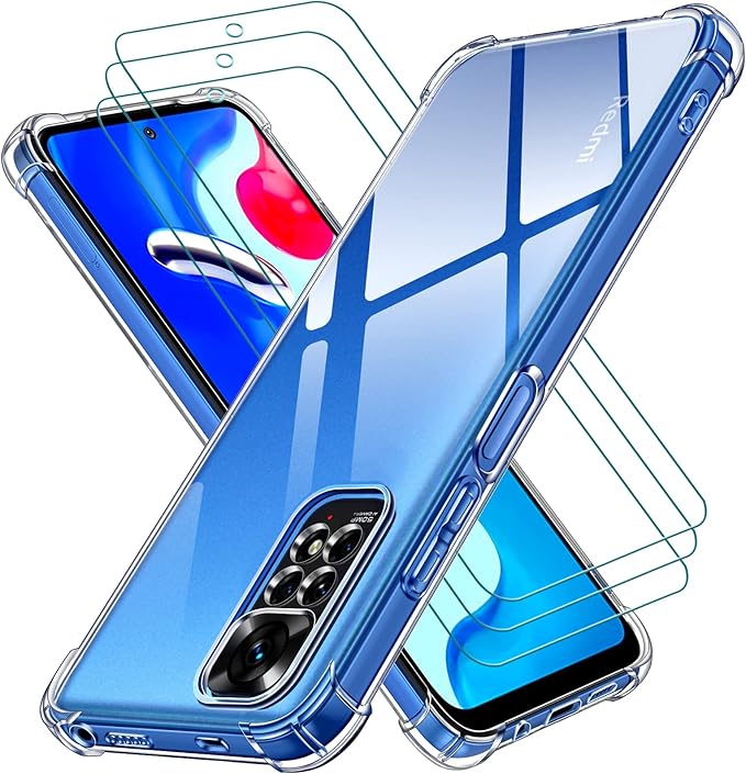 ivoler Funda para Xiaomi Redmi Note 11 4G / Xiaomi Redmi Note 11S 4G con 3 Piezas Cristal Templado, Carcasa Protectora Antigolpes Transparente, Suave TPU Silicona Caso Delgada Anti-Choques Case