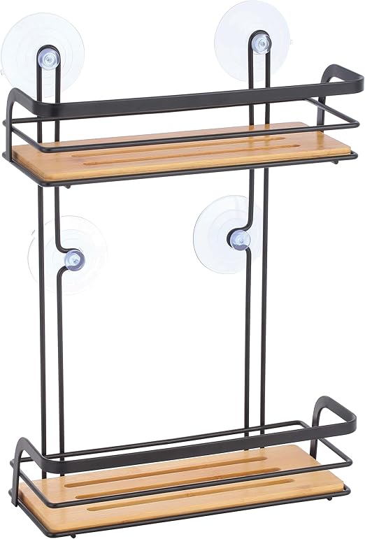 MSV Estantería de Ducha para baño, sin Agujeros, con ventosas, Acero y bambú, 25,5 x 12 x 37 cm, Color Negro Mate