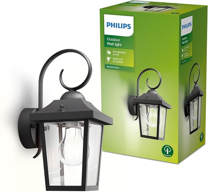 Philips myGarden Buzzard - Aplique de exterior, casquillo E27, 60 W, aluminio, color negro, diseñado para jardines y patios, 17.50 x 13.00 x 29.00 cm