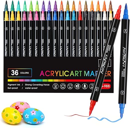 Diboniur 36 Colores Rotuladores Acrilicos, Marcadores Acrílicos Doble Punta Pincel y Punta Media, Canetas Acrilicas Rotuladores para Pintar, Roca, Cristal, Cerámica, Plastico, Tela, Metal