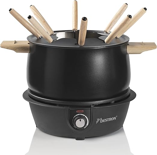 Bestron Fondue, Fondue electrica para hasta 8 personas, con 8 tenedores de fondue y termostato continuo, incl. protector contra salpicaduras, color: madera