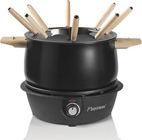 Bestron Fondue, Fondue electrica para hasta 8 personas, con 8 tenedores de fondue y termostato continuo, incl. protector contra salpicaduras, color: madera