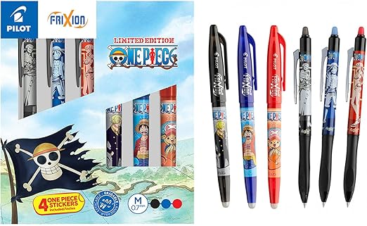 PILOT x ONE PIECE - Estuche de coleccionista de 3 Frixion Ball + 3 FriXion Ball Plus + 4 Stickers - Bolígrafos borrables - Edición limitada One Piece - Recargables - Negro, Azul, Rojo - Punta media