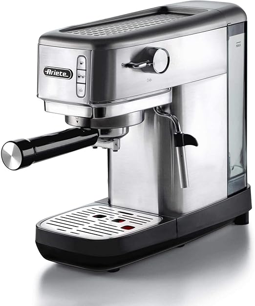 Ariete 1380 Cafetera de metal, compatible con café en polvo y monodosis ESE, 1300 W, capacidad 1,1 L, 15 bar de presión, filtro ½ tazas, dispositivo capuchino, plata