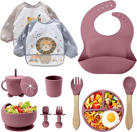Juegos de Vajilla Bebe,Juego de 12 Piezas Platos Bebe con Ventosa, Cubiertos Bebe,Baby Led Weaning,Cubiertos Infantiles,Cuchara Bebe,Babero Silicona Bebe,Plato de Silicón Antideslizante Sin BPA