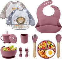 Juegos de Vajilla Bebe,Juego de 12 Piezas Platos Bebe con Ventosa, Cubiertos Bebe,Baby Led Weaning,Cubiertos Infantiles,Cuchara Bebe,Babero Silicona Bebe,Plato de Silicón Antideslizante Sin BPA