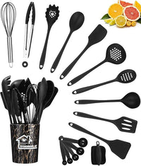 18 Piezas Utensilios Cocina de Silicona, Resistente al Calor Antiadherente,Juego de Utensilios de Cocina de Silicona,Apto para lavavajillas,Accesorios cocina,Juego de cubiertos con cubo(Negro)