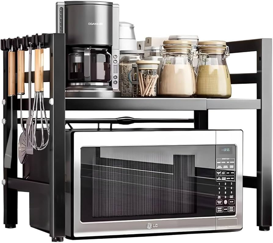Novarka® Soporte Microondas PREMIUM | Estantes Microondas Extensible para Encimera Cocina | Estante Ajustable de Acero Reforzado con 4 Ganchos Extras | Rangos de Medidas en Fotografías.