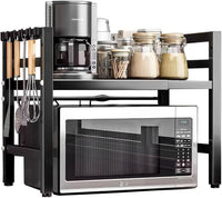 Novarka® Soporte Microondas PREMIUM | Estantes Microondas Extensible para Encimera Cocina | Estante Ajustable de Acero Reforzado con 4 Ganchos Extras | Rangos de Medidas en Fotografías.