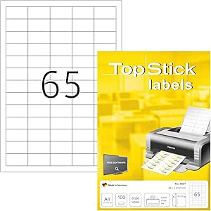 TopStick 8697 Universal Etiketten, 100 Blatt, 38,1 x 21,2 mm, 65 pro A4 Bogen, 6500 Stück, selbstklebend, bedruckbar, matt, blanko Papier Klebeetiketten Aufkleber, weiß, Packaging may vary