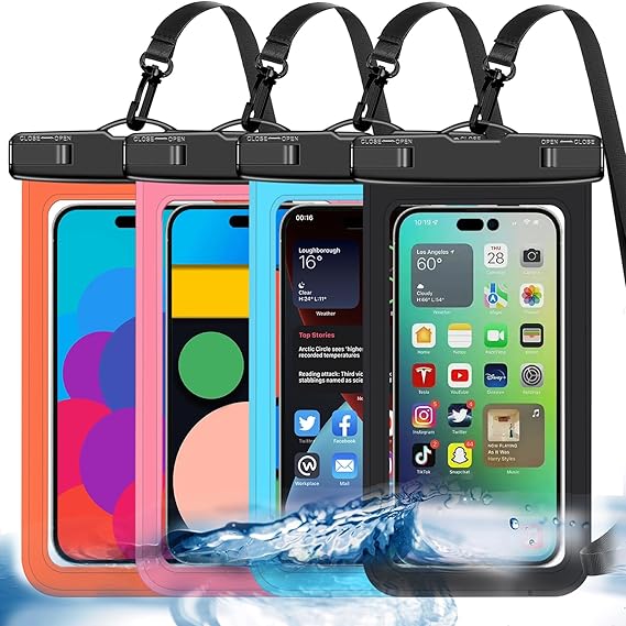 [Hasta 8.3 pulgadas] Paquete de 4 bolsas impermeables universales multicolor para teléfono, gran funda impermeable para teléfono (nivel de protección: IP68) deportes al aire libre para Apple iPhone