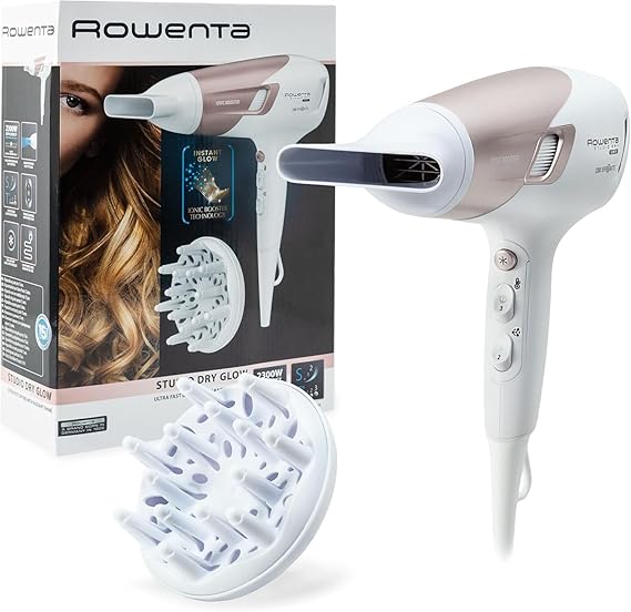 Rowenta Studio Dry Glow Haartrockner, 2100 Watt, Föhn mit Diffusor für Locken, 3 Temperatur- und 2 Geschwindigkeitsstufen, Ionenfunktion, Kaltlufttaste, weiß/roségold, CV5830
