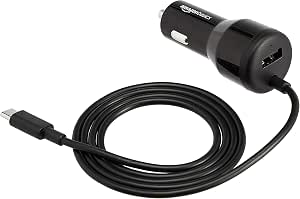 Amazon Basics Cargador USB-C 18W con suministro de energía y USB-A 12W para el coche con cable, Negro