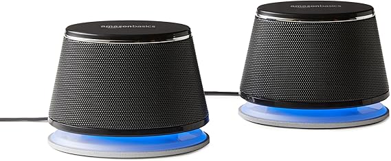 Amazon Basics Altavoces 2.0 para PC o portátil, entrada auxiliar de 3.5 mm, alimentación USB, 1 par, color negro