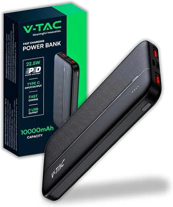 V-TAC Power Bank 10000 mAh con Carga Rápida PD 22.5W - Cargador Portatil - Batería Externa Delgada con Puerta USB Type-C y 2 Puertas USB-A - Compatible iPhone, iPad, Samsung, iPad, Xiaomi - Negro