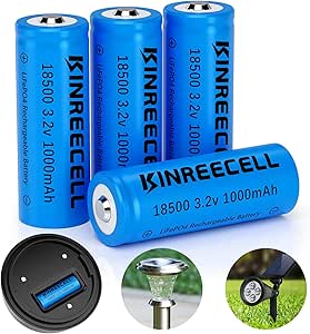 KINREECELL LiFePO4 18500 - Batería recargable de 3,2 V, 1000 mAh, batería solar para luces solares al aire libre, luces solares de jardín, linterna (paquete de 4)