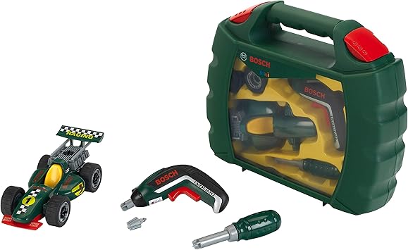 Theo Klein 8395 Set de maletín de herramientas Grand Prix con destornillador eléctrico Ixolino, Coche de carreras atornillable, Medidas 32 cm x 26 cm x 9 cm, Juguete para niños a partir de 3 años
