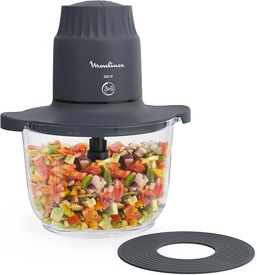 Moulinex Choppeo, Picadora eléctrica con vaso de vidrio de 2 L (útil 1 L), 4 cuchillas inox, 2 velocidades, Motor 500 W, Vidrio de borosilicato resistente, DJ602110