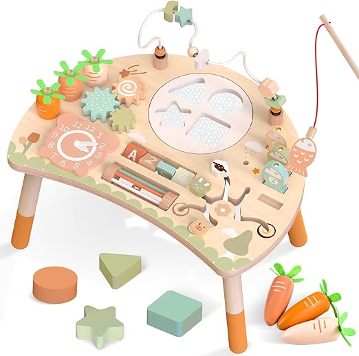 Hewaurorion Mesa de Actividades Bebe de Madera, 9 en 1 Juguetes Sensorial Montessori con Laberinto de Cuentas, Juego de Pesca, Juguetes Niños, Regalos Cumpleaños Navidad (yg)