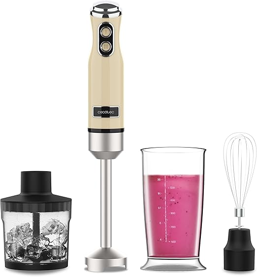 Cecotec Batidora de Mano Power RetroYellow 1200MAX Cream&Crush. Potencia Máxima 1200 W, Tecnología CrossBlades, 2 Velocidades, Set Accesorios aptos Lavavajillas, Campana antisalpicaduras