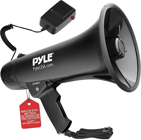 Pyle megafono, Altavoz, Portatil, Sirena,Control de volumen, Ergonomico, Microfono, Interiores, Exteriores