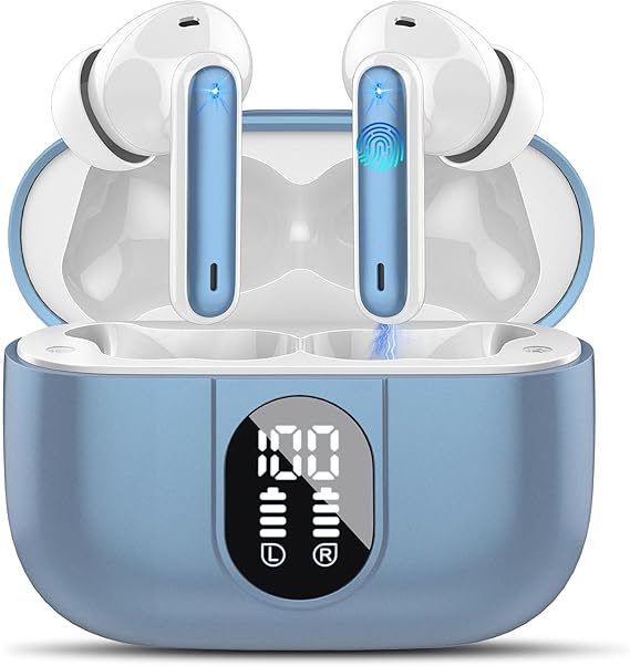 Csasan Auriculares Inalámbricos Bluetooth 5.3 Estéreo Con 4 ENC Cancelación Ruido, 40H Control Táctil, IP7 Impermeable in Ear, Azul