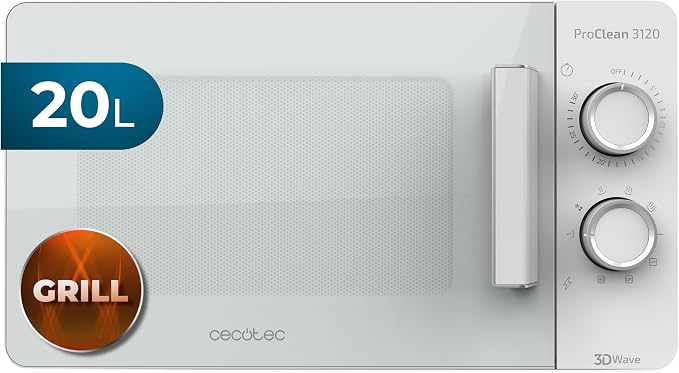 Cecotec Microondas blanco ProClean 3120. 20 L, con Grill y Revestimiento Ready2Clean para mejor limpieza, Tecnología 3DWave, Diseño puerta FullWhite y detalles metálicos, 6 niveles