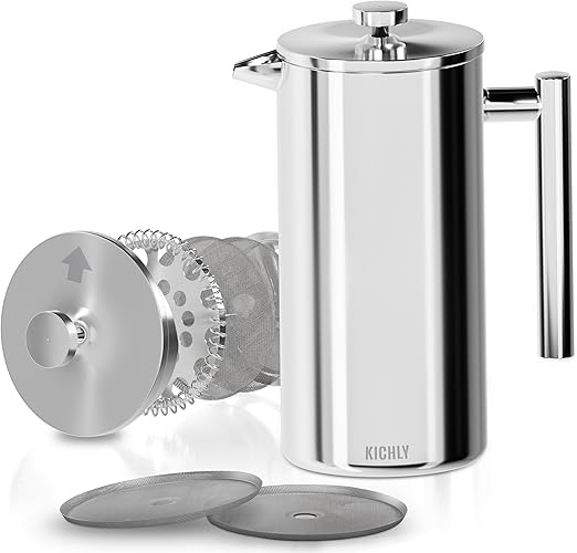 KICHLY Cafetera de prensa francesa de acero inoxidable - Cafetera espresso y tetera con triple filtro - Vidrio resistente al calor con émbolo de acero - 34 oz (1,0 litros) - Plateado