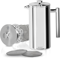 KICHLY Cafetera de prensa francesa de acero inoxidable - Cafetera espresso y tetera con triple filtro - Vidrio resistente al calor con émbolo de acero - 34 oz (1,0 litros) - Plateado